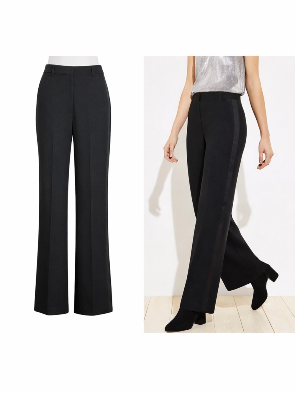 LOFT | Black Wide Leg Tuxedo Pants | Satin Stripe | Size 10